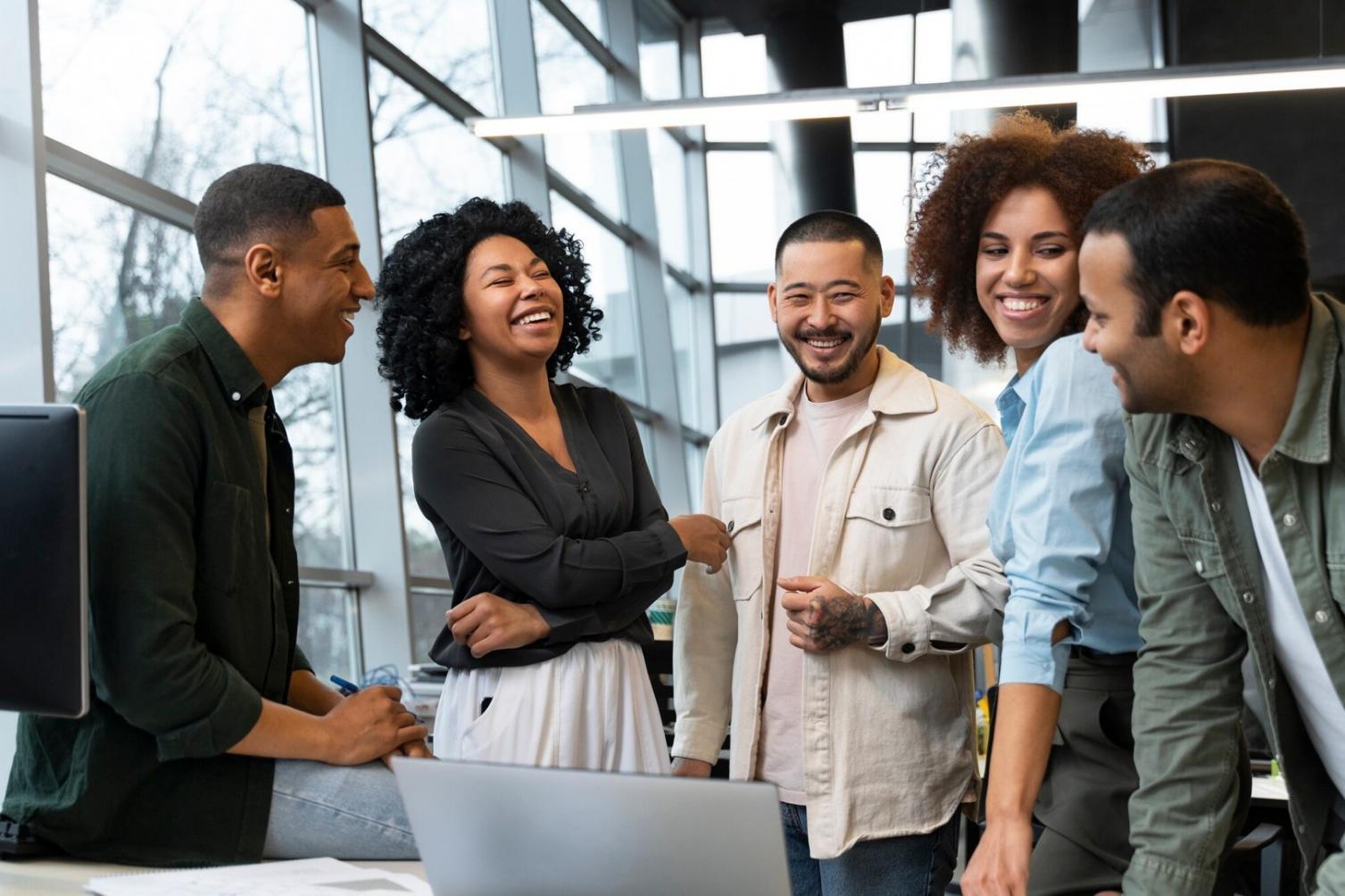 Business finance team collaborating on investment reports during training session
